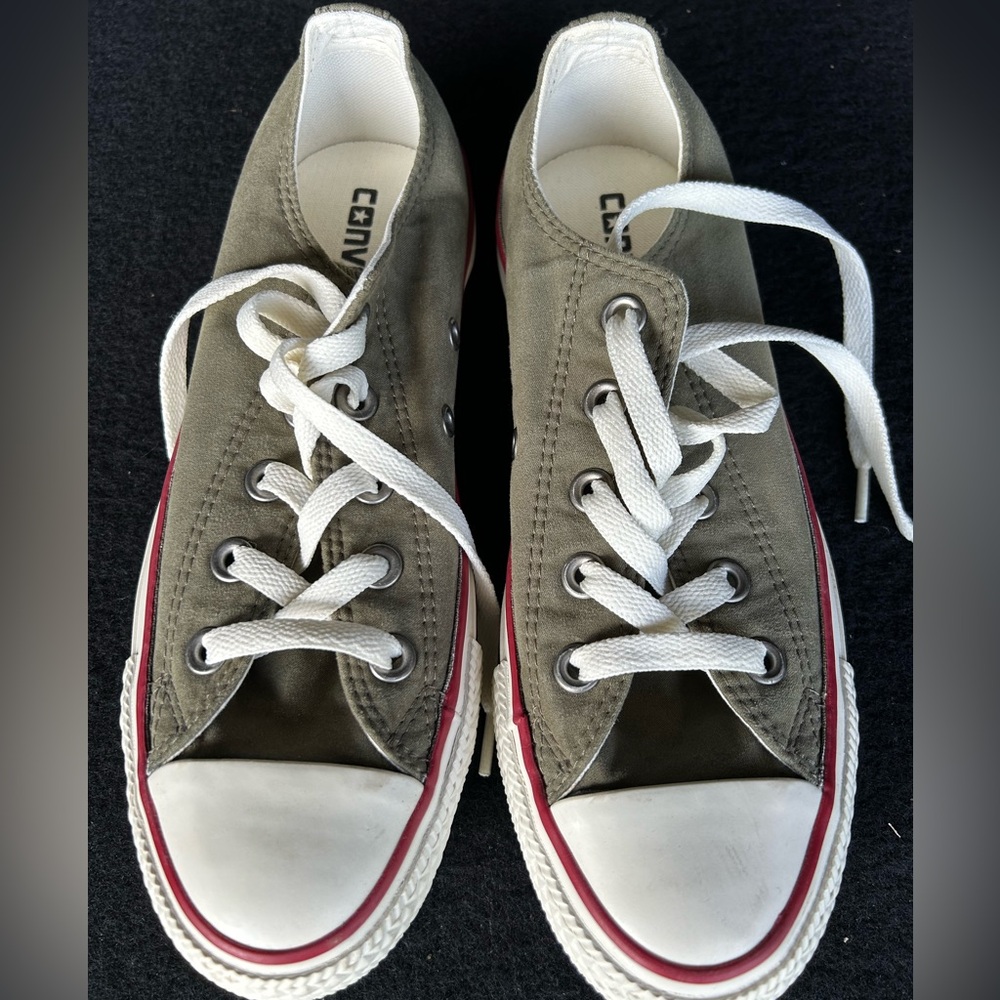 Converse Olive Green Low-Top Sneakers with White and Red Accents